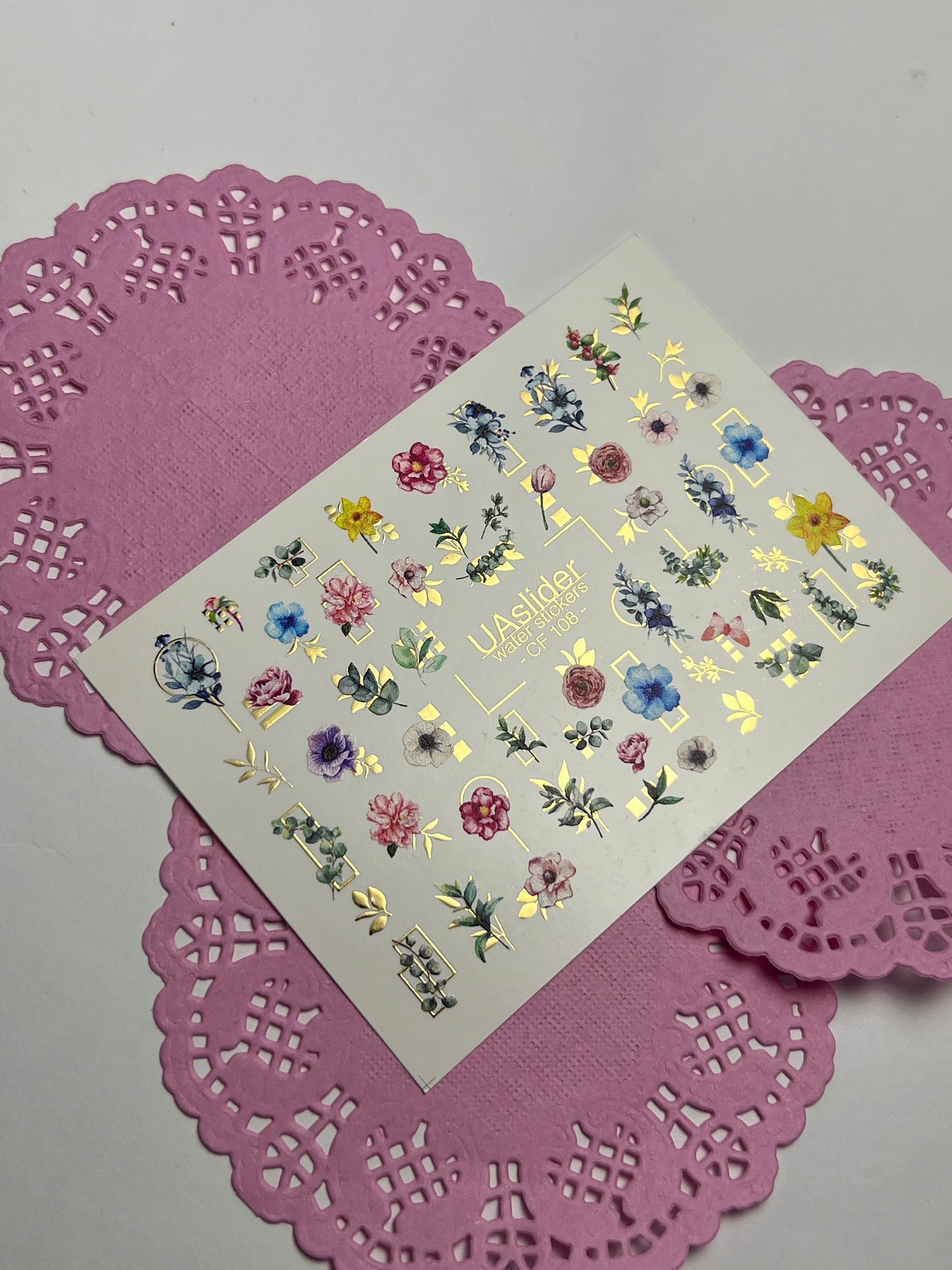 Nail Water Decal CF-108 | Floral Water Slide Nail Decals | Colorful Flowers, Greenery & Gold Frames