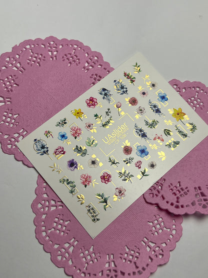 Nail Water Decal CF-108 | Floral Water Slide Nail Decals | Colorful Flowers, Greenery & Gold Frames