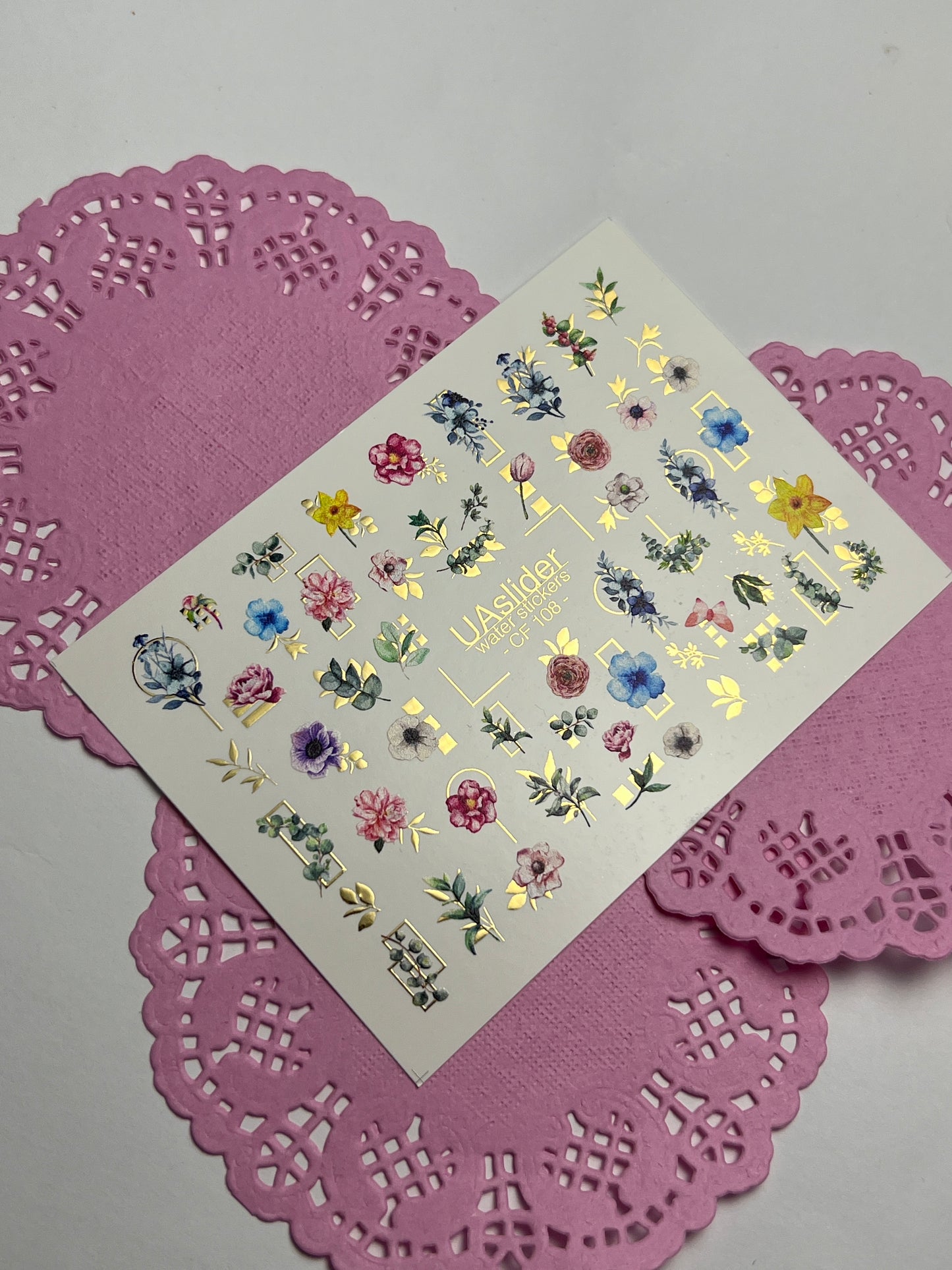 Nail Water Decal CF-108 | Floral Water Slide Nail Decals | Colorful Flowers, Greenery & Gold Frames