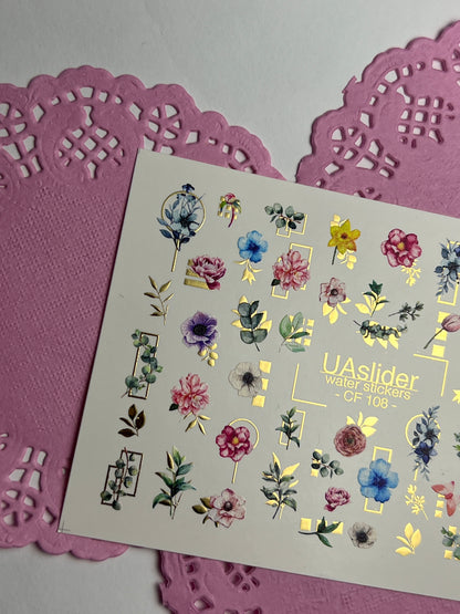 Nail Water Decal CF-108 | Floral Water Slide Nail Decals | Colorful Flowers, Greenery & Gold Frames