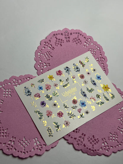 Nail Water Decal CF-108 | Floral Water Slide Nail Decals | Colorful Flowers, Greenery & Gold Frames