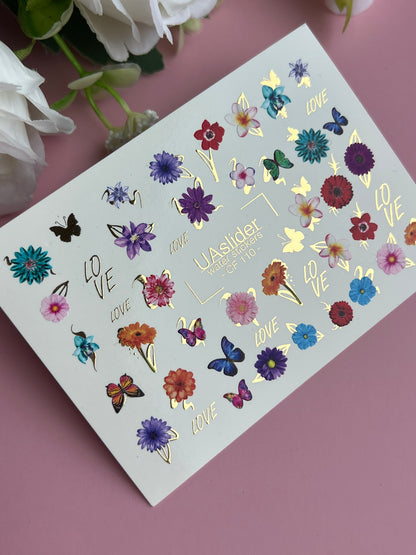 Nálepka na nehty CF-110 | Květinové vodní nálepky na nehty | Barevné květiny, motýli a nápis lásky