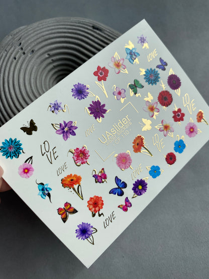 Nálepka na nehty CF-110 | Květinové vodní nálepky na nehty | Barevné květiny, motýli a nápis lásky