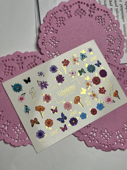 Nálepka na nehty CF-110 | Květinové vodní nálepky na nehty | Barevné květiny, motýli a nápis lásky