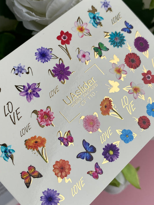 Nail Water Decal CF-110 | Floral Water Slide Nail Decals | Colorful Flowers, Butterflies & Love Lettering