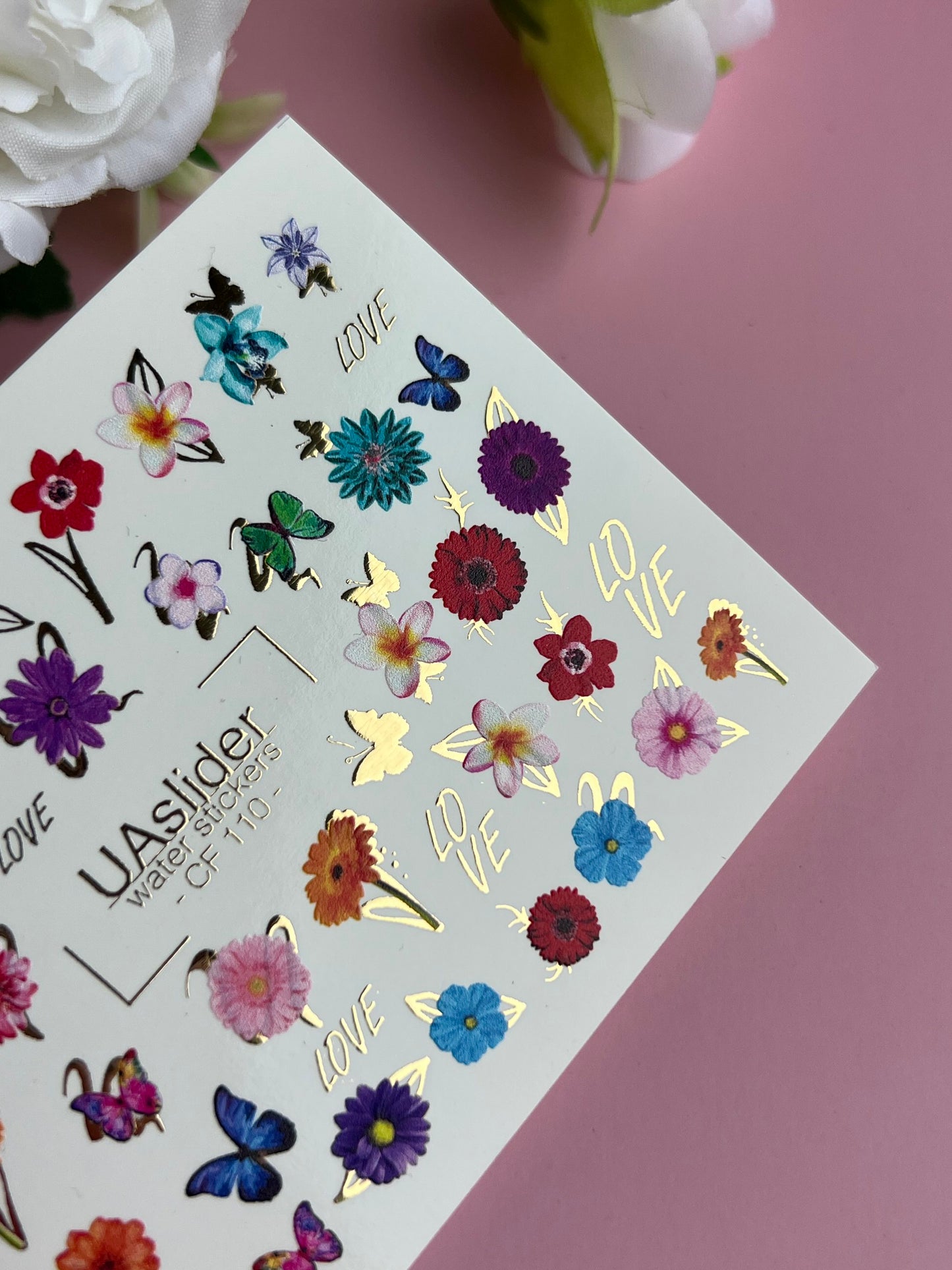 Nálepka na nehty CF-110 | Květinové vodní nálepky na nehty | Barevné květiny, motýli a nápis lásky