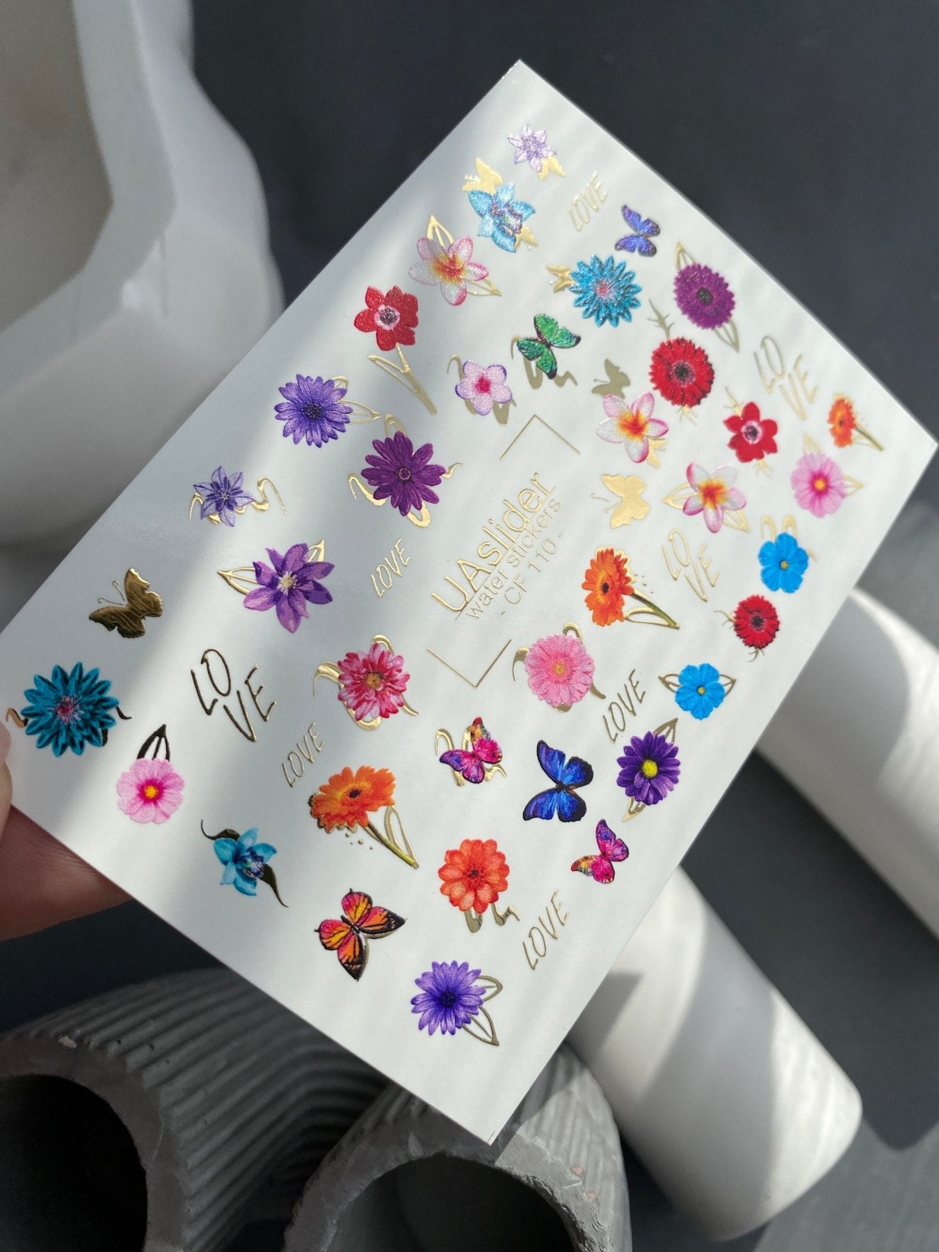 Nail Water Decal CF-110 | Floral Water Slide Nail Decals | Colorful Flowers, Butterflies & Love Lettering - UASLIDER