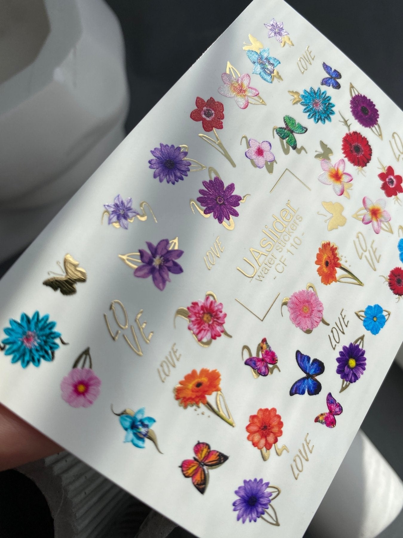 Nail Water Decal CF-110 | Floral Water Slide Nail Decals | Colorful Flowers, Butterflies & Love Lettering - UASLIDER