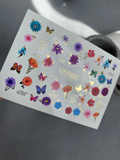 Nálepka na nehty CF-110 | Květinové vodní nálepky na nehty | Barevné květiny, motýli a nápis lásky