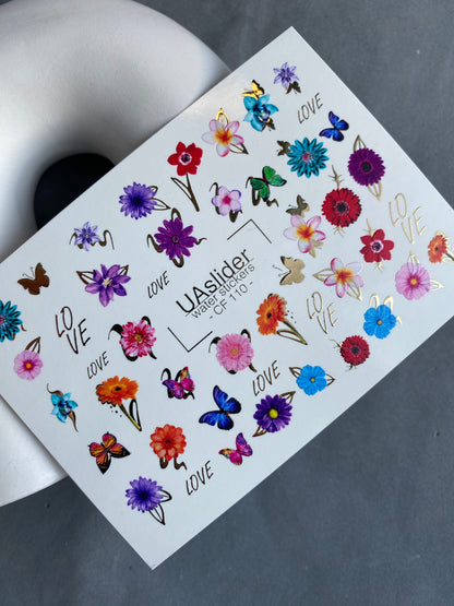 Nálepka na nehty CF-110 | Květinové vodní nálepky na nehty | Barevné květiny, motýli a nápis lásky