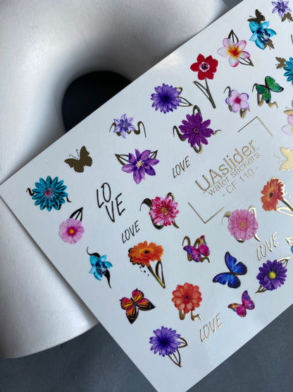 Nálepka na nehty CF-110 | Květinové vodní nálepky na nehty | Barevné květiny, motýli a nápis lásky