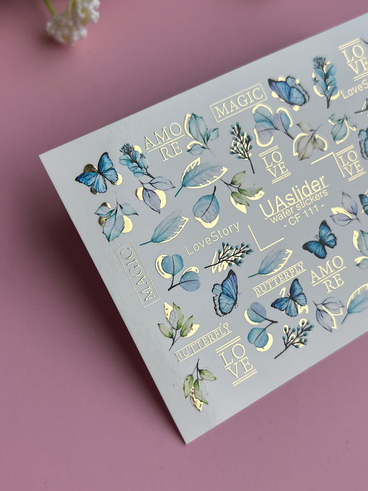 Nail Water Decal CF-111 | Butterfly Water Slide Nail Decals | Blue Butterflies, Leaves & Love Lettering