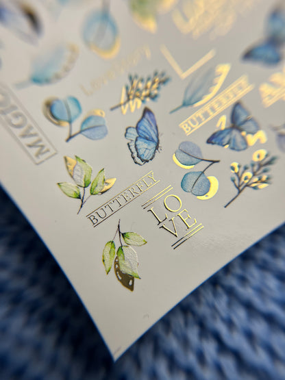 Nail Water Decal CF-111 | Butterfly Water Slide Nail Decals | Blue Butterflies, Leaves & Love Lettering