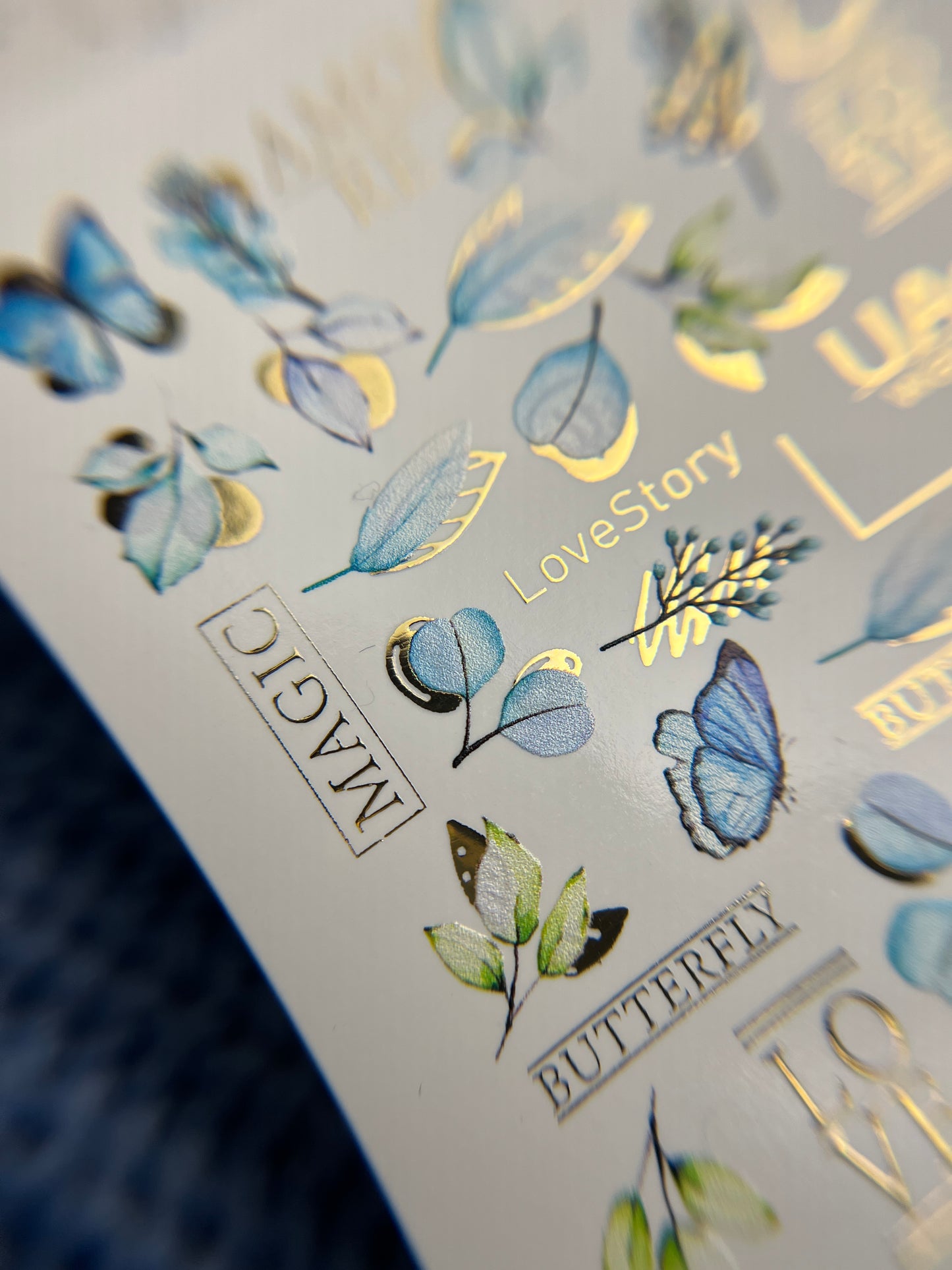 Nail Water Decal CF-111 | Butterfly Water Slide Nail Decals | Blue Butterflies, Leaves & Love Lettering