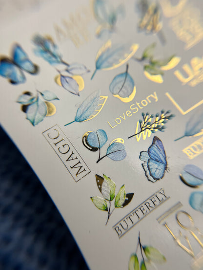 Nail Water Decal CF-111 | Butterfly Water Slide Nail Decals | Blue Butterflies, Leaves & Love Lettering
