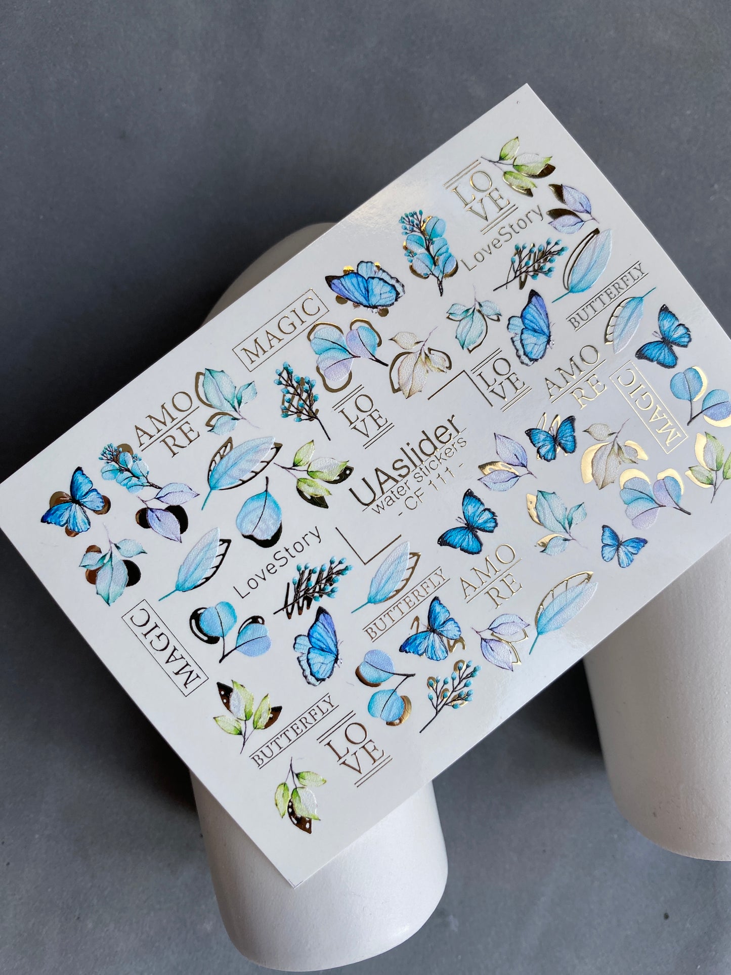 Nail Water Decal CF-111 | Butterfly Water Slide Nail Decals | Blue Butterflies, Leaves & Love Lettering
