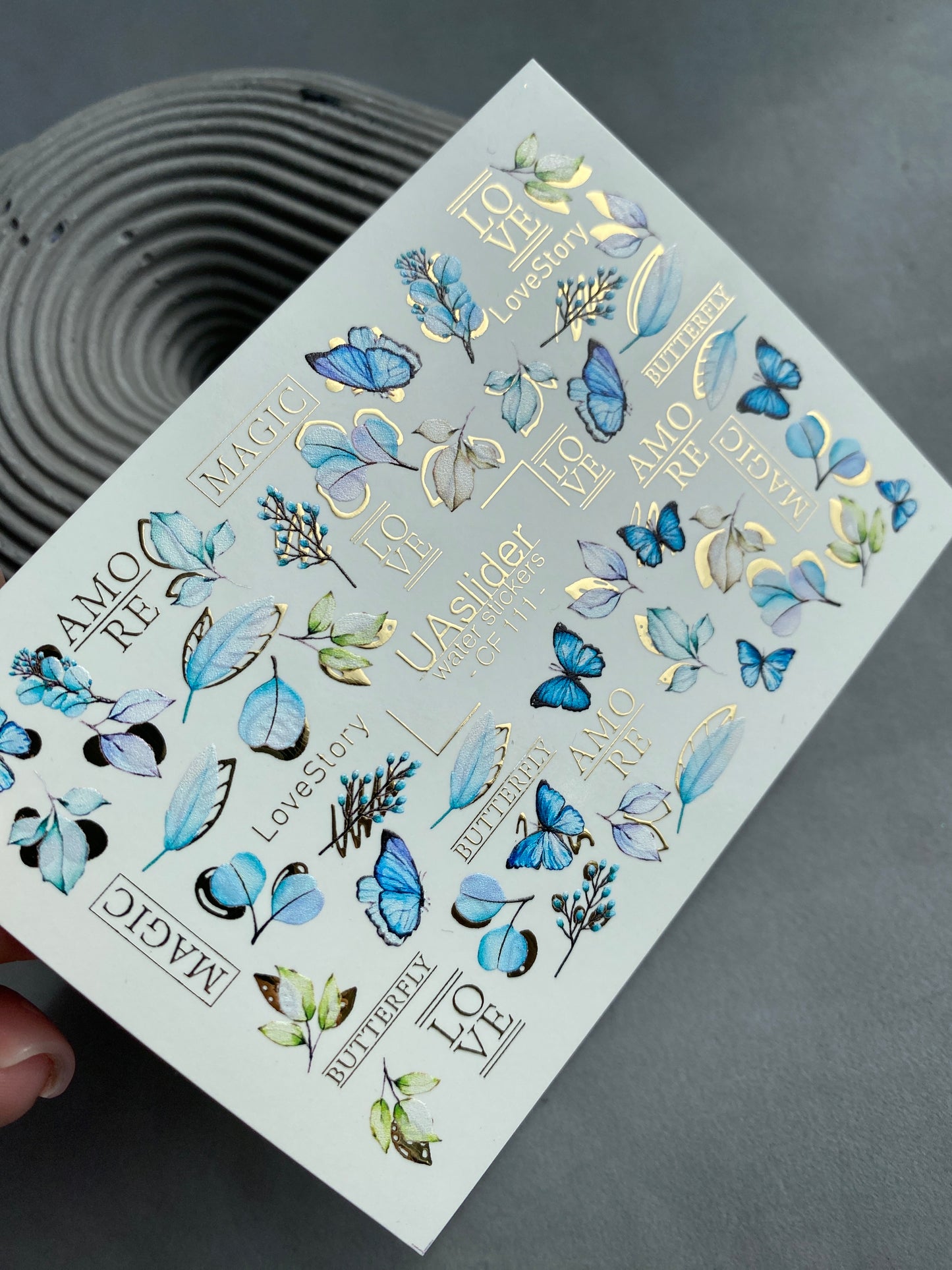 Nail Water Decal CF-111 | Butterfly Water Slide Nail Decals | Blue Butterflies, Leaves & Love Lettering