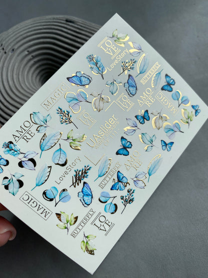 Nail Water Decal CF-111 | Butterfly Water Slide Nail Decals | Blue Butterflies, Leaves & Love Lettering