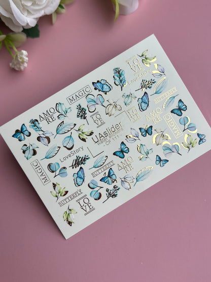Nail Water Decal CF-111 | Butterfly Water Slide Nail Decals | Blue Butterflies, Leaves & Love Lettering