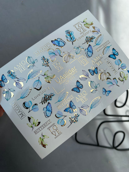 Nail Water Decal CF-111 | Butterfly Water Slide Nail Decals | Blue Butterflies, Leaves & Love Lettering