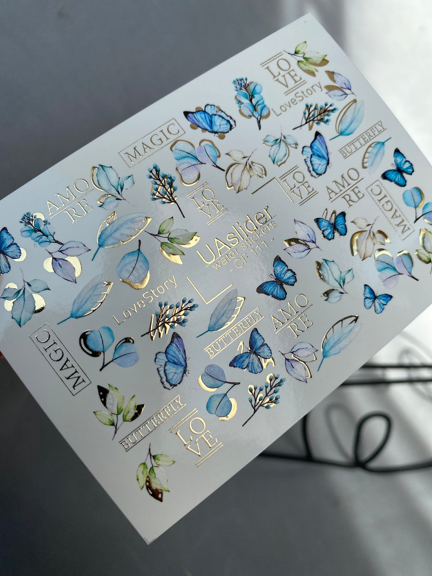 Nail Water Decal CF-111 | Butterfly Water Slide Nail Decals | Blue Butterflies, Leaves & Love Lettering