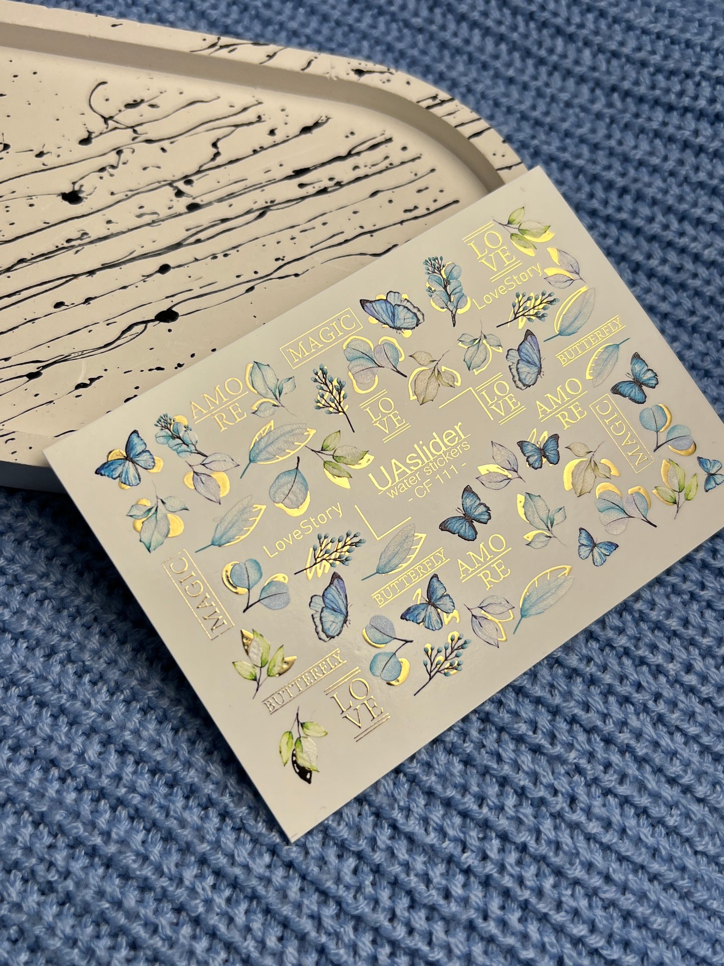 Nail Water Decal CF-111 | Butterfly Water Slide Nail Decals | Blue Butterflies, Leaves & Love Lettering