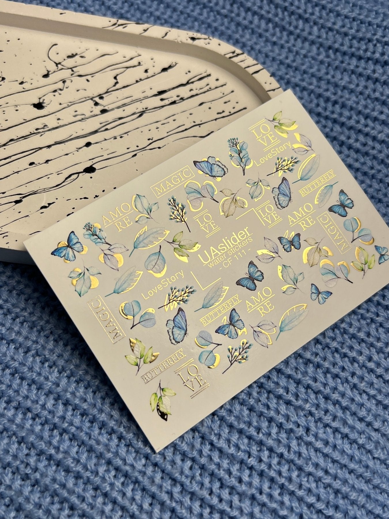 Nail Water Decal CF-111 | Butterfly Water Slide Nail Decals | Blue Butterflies, Leaves & Love Lettering - UASLIDER