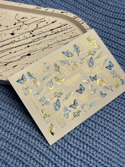 Nail Water Decal CF-111 | Butterfly Water Slide Nail Decals | Blue Butterflies, Leaves & Love Lettering