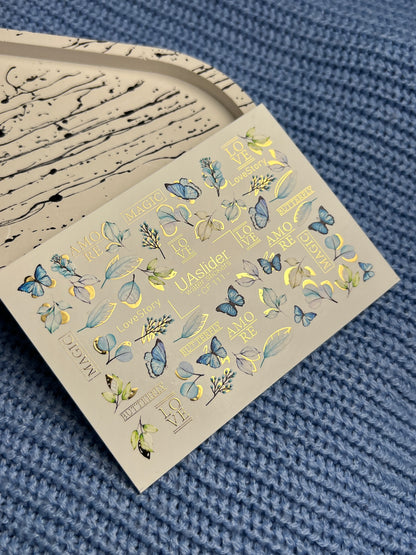 Nail Water Decal CF-111 | Butterfly Water Slide Nail Decals | Blue Butterflies, Leaves & Love Lettering