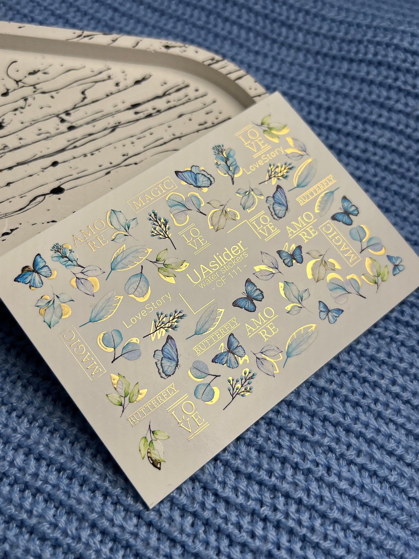 Nail Water Decal CF-111 | Butterfly Water Slide Nail Decals | Blue Butterflies, Leaves & Love Lettering