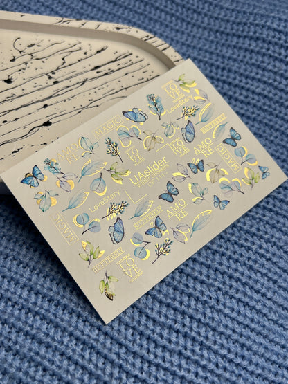 Nail Water Decal CF-111 | Butterfly Water Slide Nail Decals | Blue Butterflies, Leaves & Love Lettering