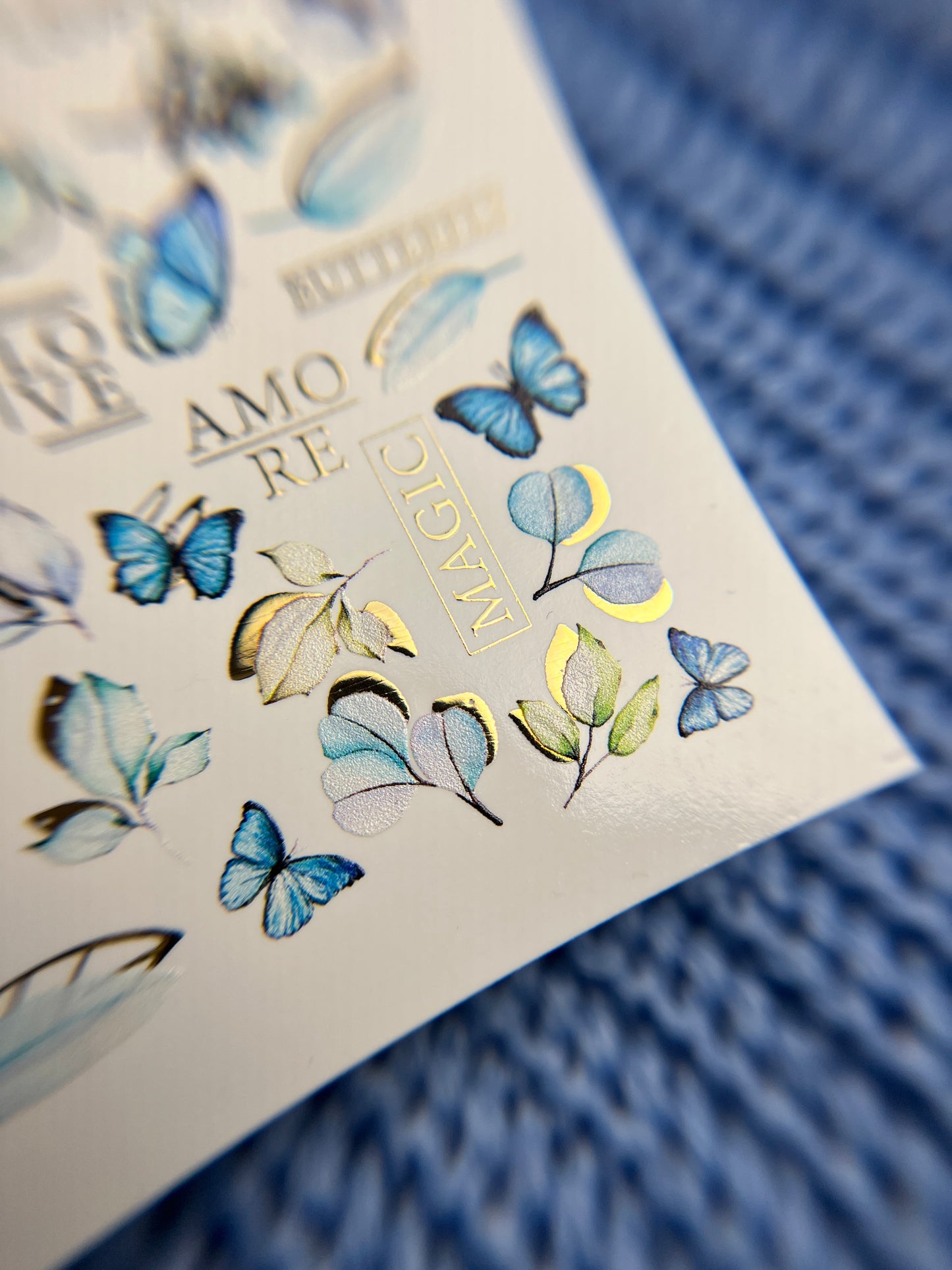 Nail Water Decal CF-111 | Butterfly Water Slide Nail Decals | Blue Butterflies, Leaves & Love Lettering