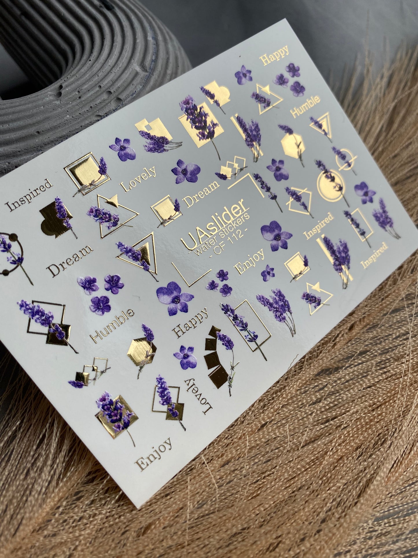 Nail Water Decal CF-112 | Floral Water Slide Nail Decals | Lavender Sprigs, Purple Flowers & Gold Geometry