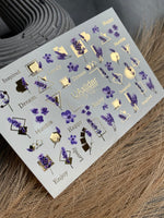 Nail Water Decal CF-112 | Floral Water Slide Nail Decals | Lavender Sprigs, Purple Flowers & Gold Geometry - UASLIDER