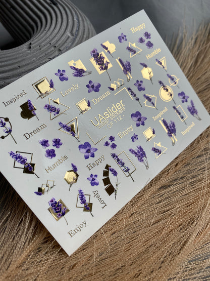 Nail Water Decal CF-112 | Floral Water Slide Nail Decals | Lavender Sprigs, Purple Flowers & Gold Geometry