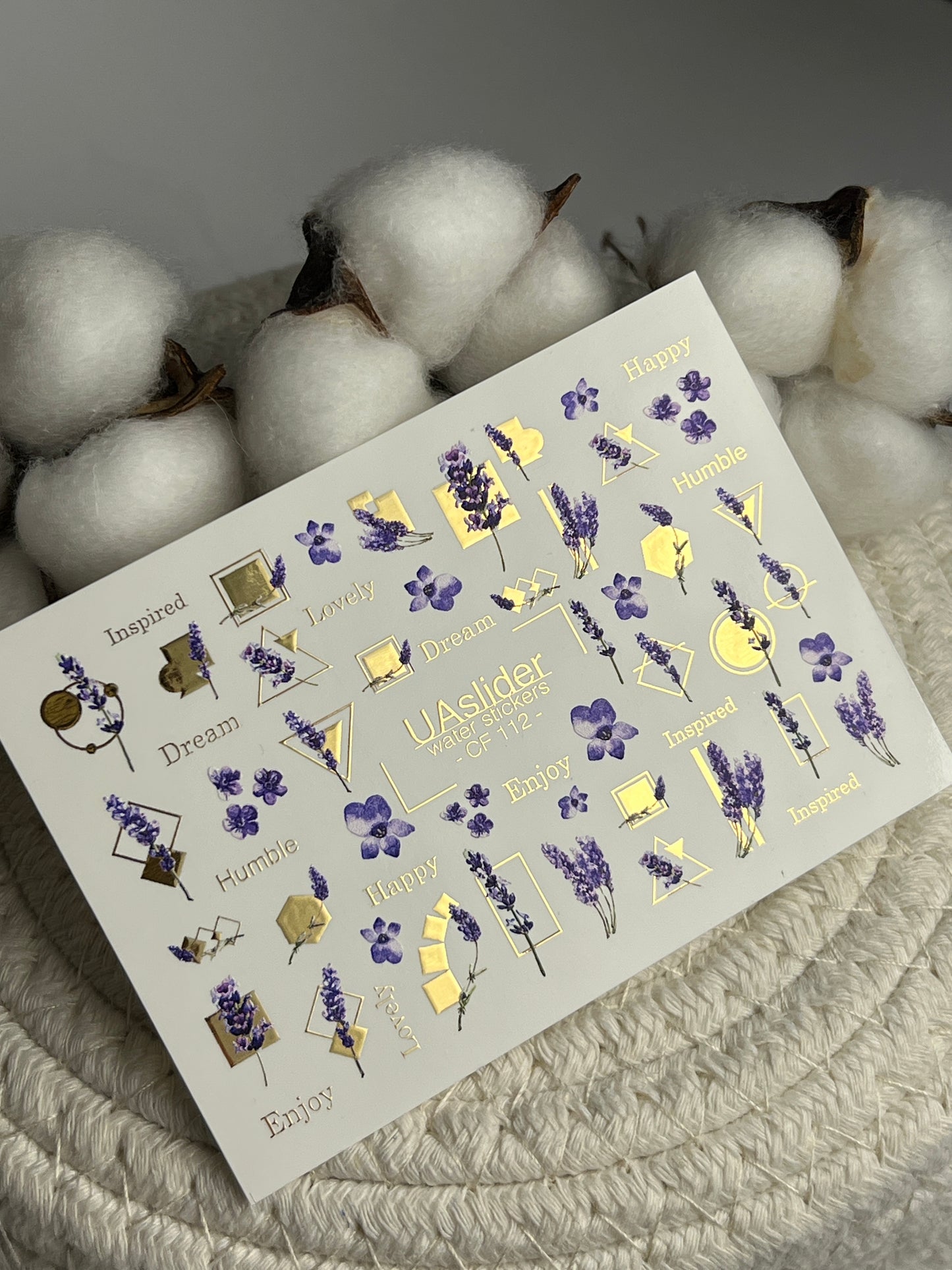 Nail Water Decal CF-112 | Floral Water Slide Nail Decals | Lavender Sprigs, Purple Flowers & Gold Geometry