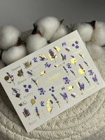Nail Water Decal CF-112 | Floral Water Slide Nail Decals | Lavender Sprigs, Purple Flowers & Gold Geometry - UASLIDER