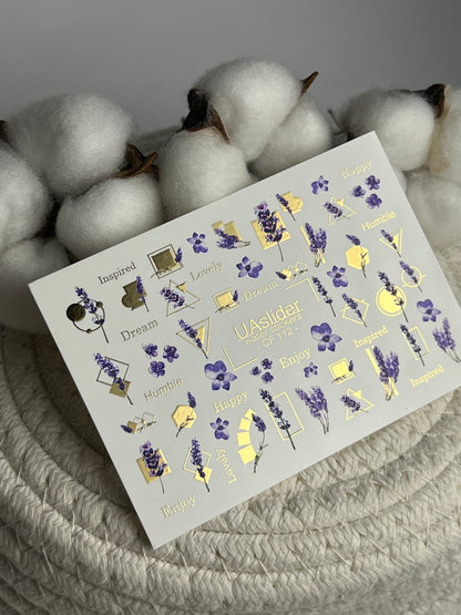 Nail Water Decal CF-112 | Floral Water Slide Nail Decals | Lavender Sprigs, Purple Flowers & Gold Geometry