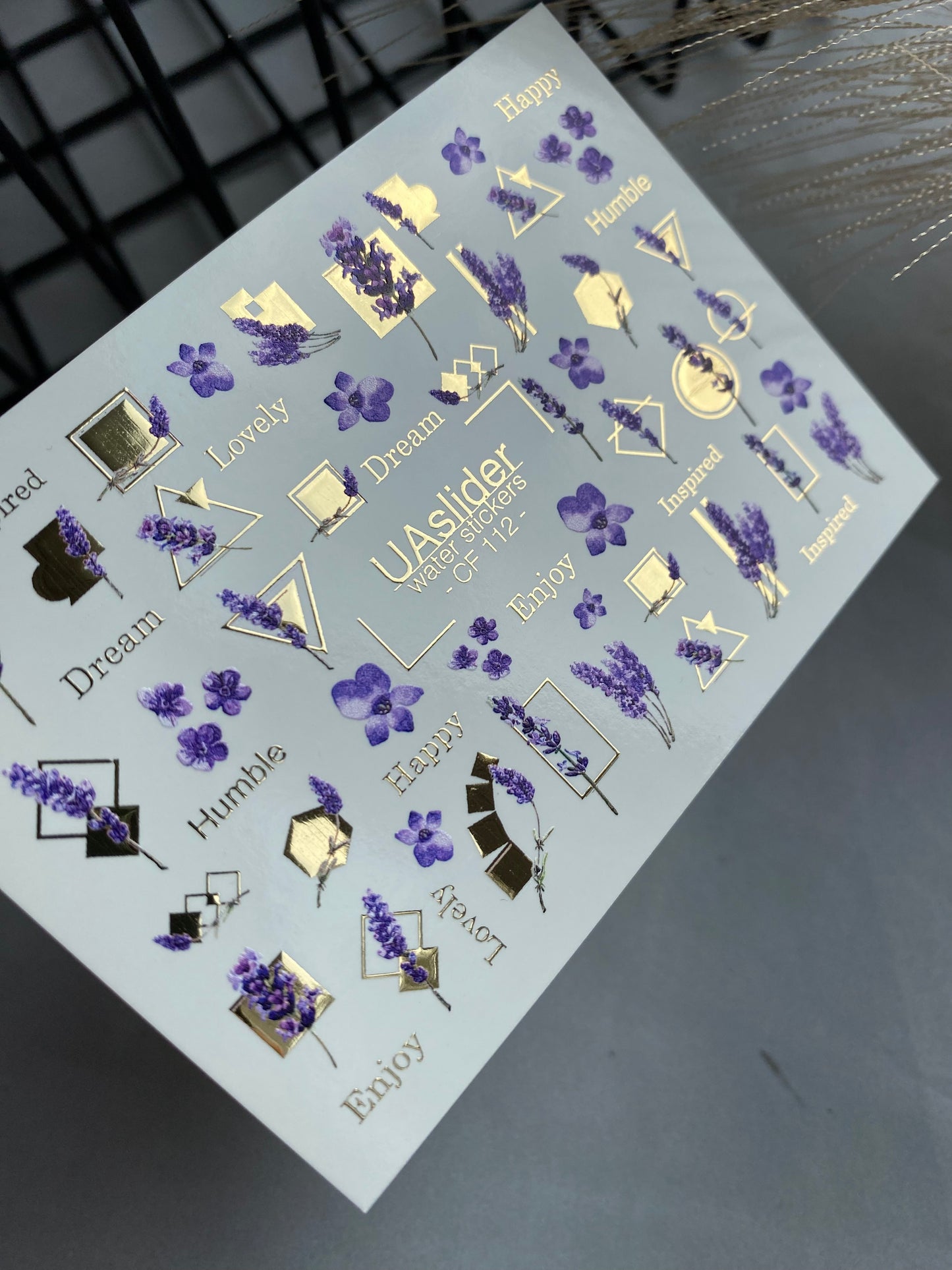Nail Water Decal CF-112 | Floral Water Slide Nail Decals | Lavender Sprigs, Purple Flowers & Gold Geometry