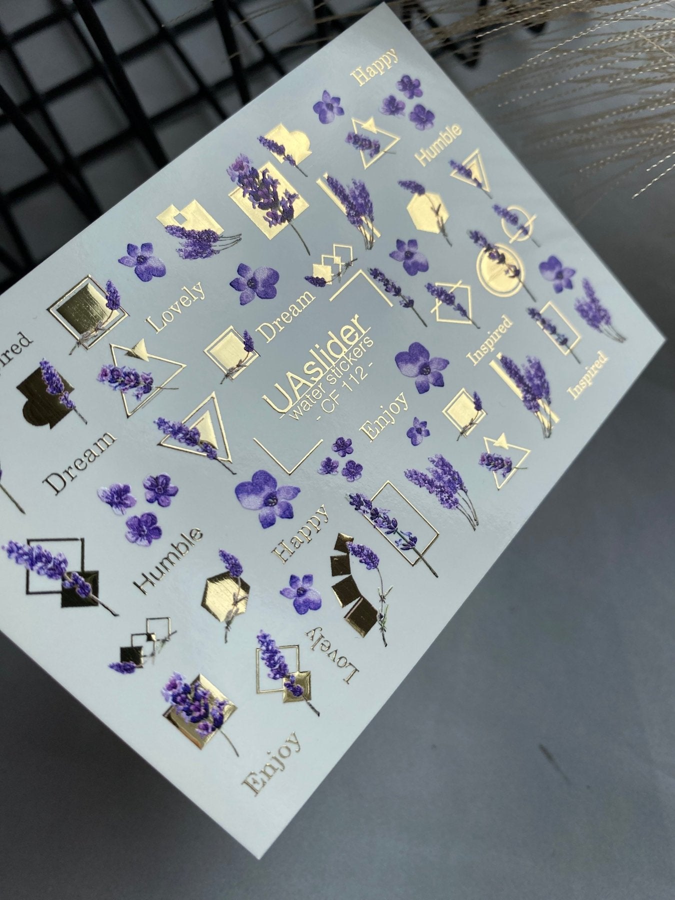 Nail Water Decal CF-112 | Floral Water Slide Nail Decals | Lavender Sprigs, Purple Flowers & Gold Geometry - UASLIDER