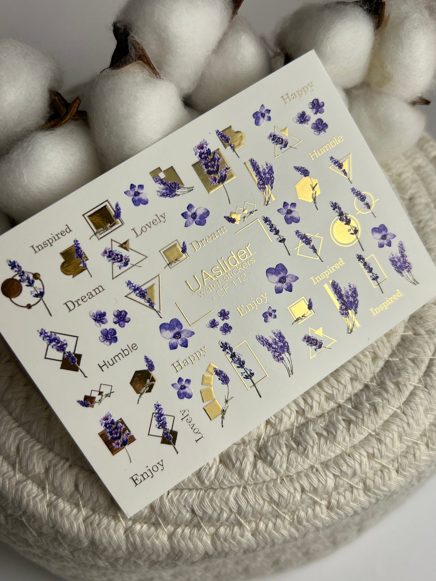 Nail Water Decal CF-112 | Floral Water Slide Nail Decals | Lavender Sprigs, Purple Flowers & Gold Geometry