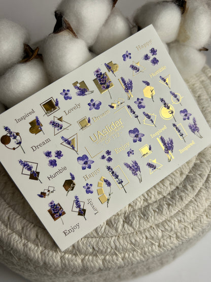 Nail Water Decal CF-112 | Floral Water Slide Nail Decals | Lavender Sprigs, Purple Flowers & Gold Geometry