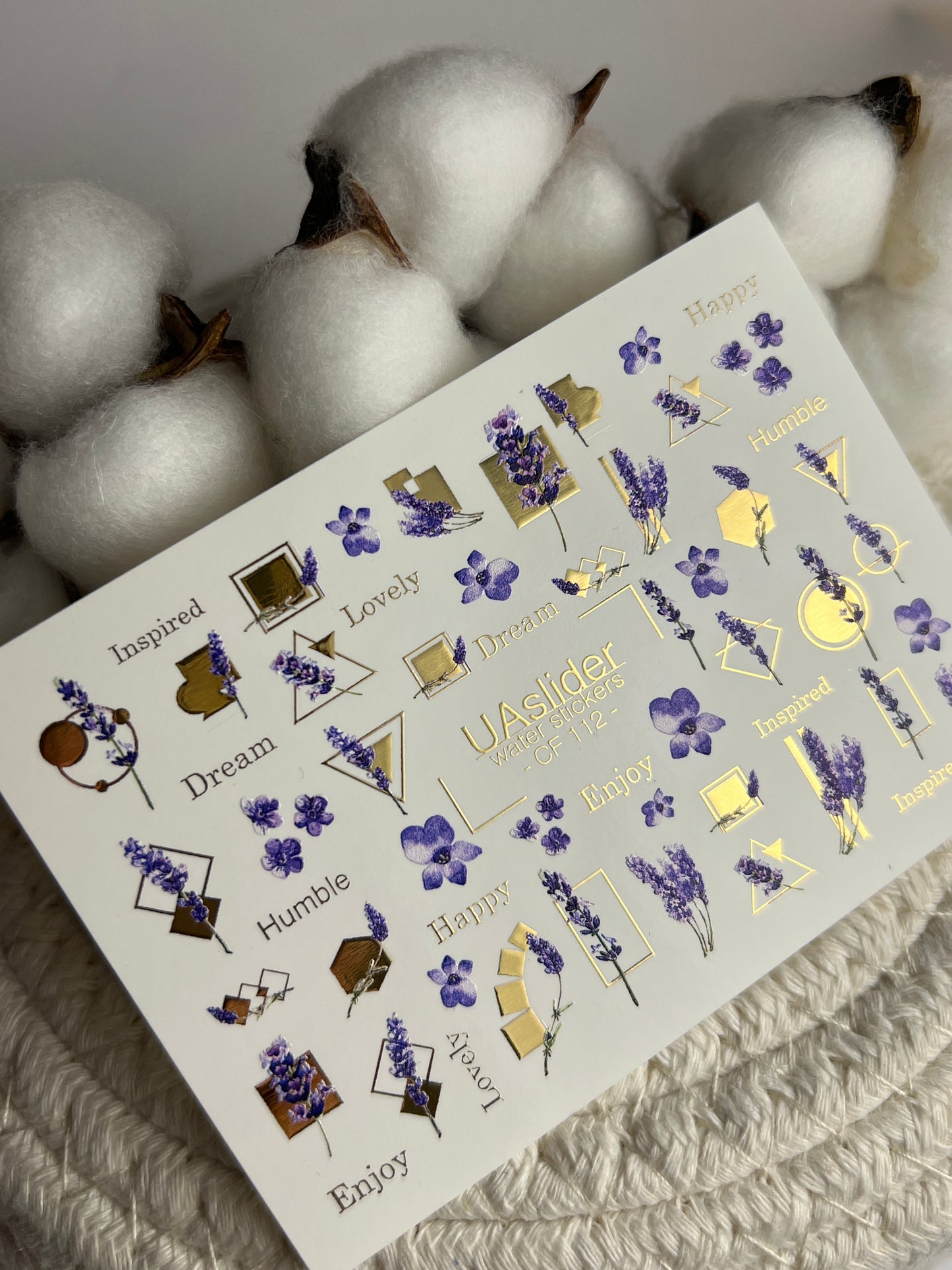 Nail Water Decal CF-112 | Floral Water Slide Nail Decals | Lavender Sprigs, Purple Flowers & Gold Geometry