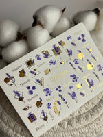 Nail Water Decal CF-112 | Floral Water Slide Nail Decals | Lavender Sprigs, Purple Flowers & Gold Geometry - UASLIDER