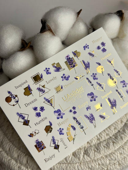 Nail Water Decal CF-112 | Floral Water Slide Nail Decals | Lavender Sprigs, Purple Flowers & Gold Geometry