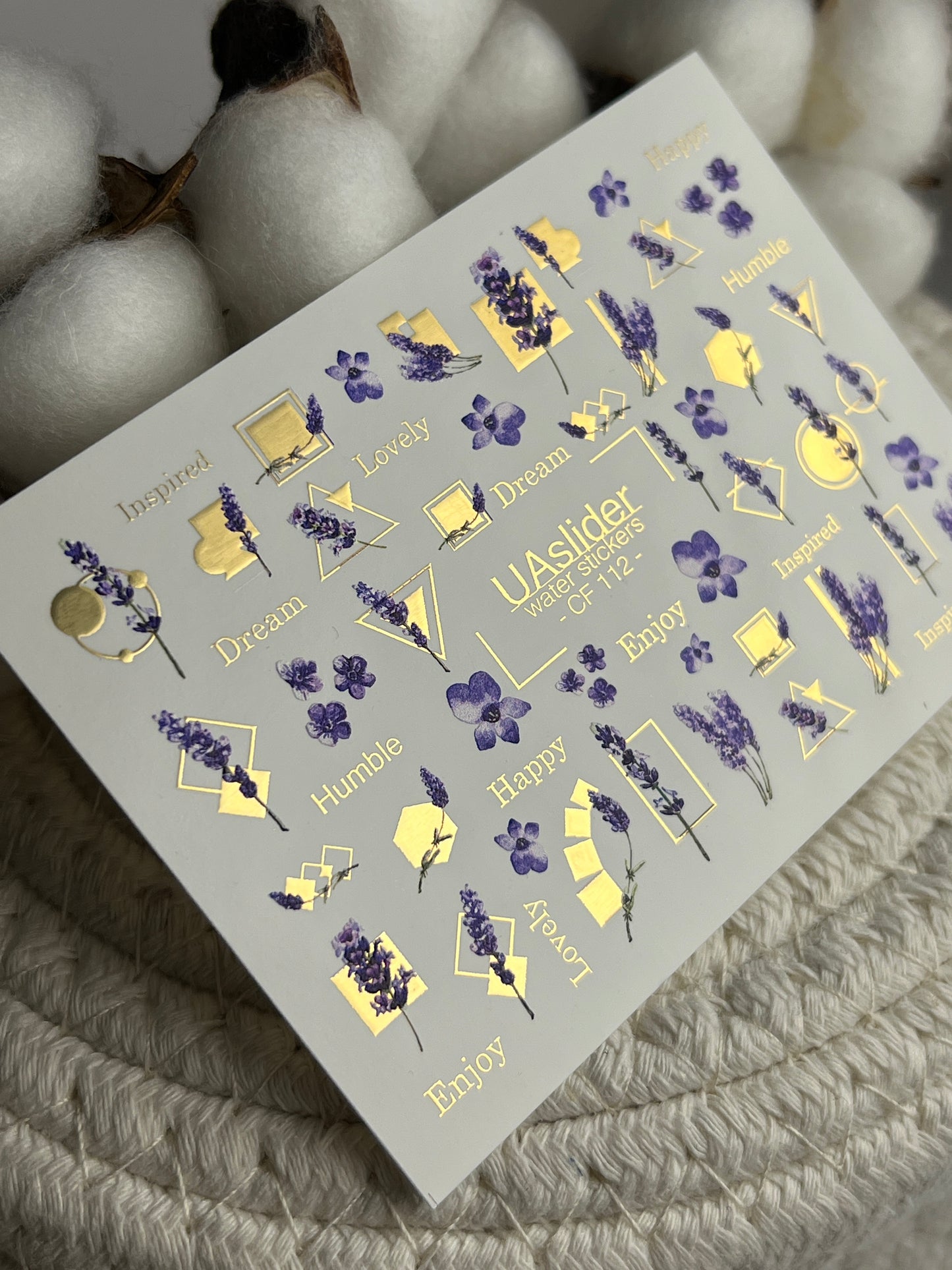 Nail Water Decal CF-112 | Floral Water Slide Nail Decals | Lavender Sprigs, Purple Flowers & Gold Geometry
