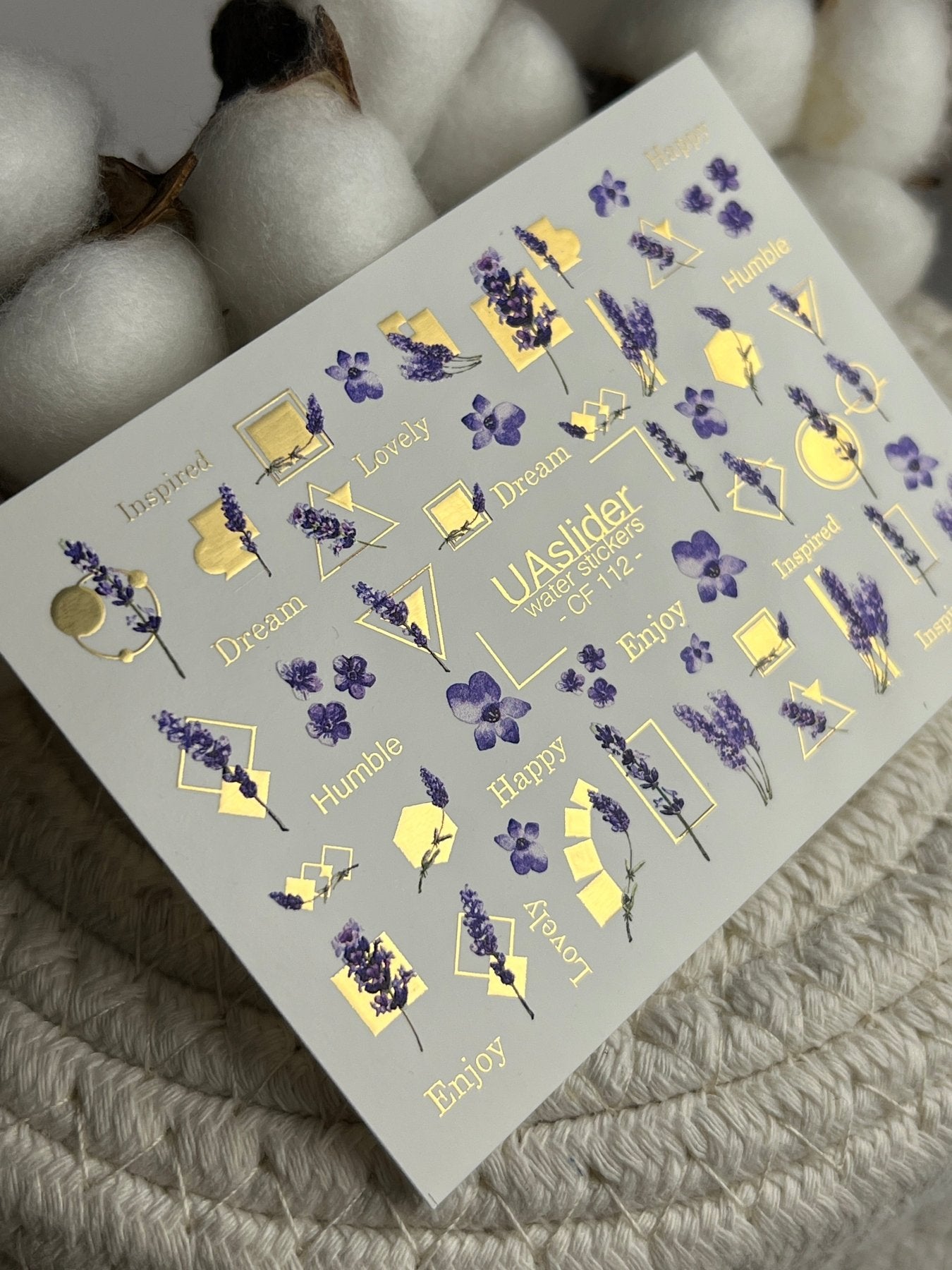 Nail Water Decal CF-112 | Floral Water Slide Nail Decals | Lavender Sprigs, Purple Flowers & Gold Geometry - UASLIDER