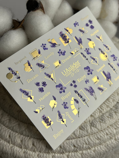 Nail Water Decal CF-112 | Floral Water Slide Nail Decals | Lavender Sprigs, Purple Flowers & Gold Geometry