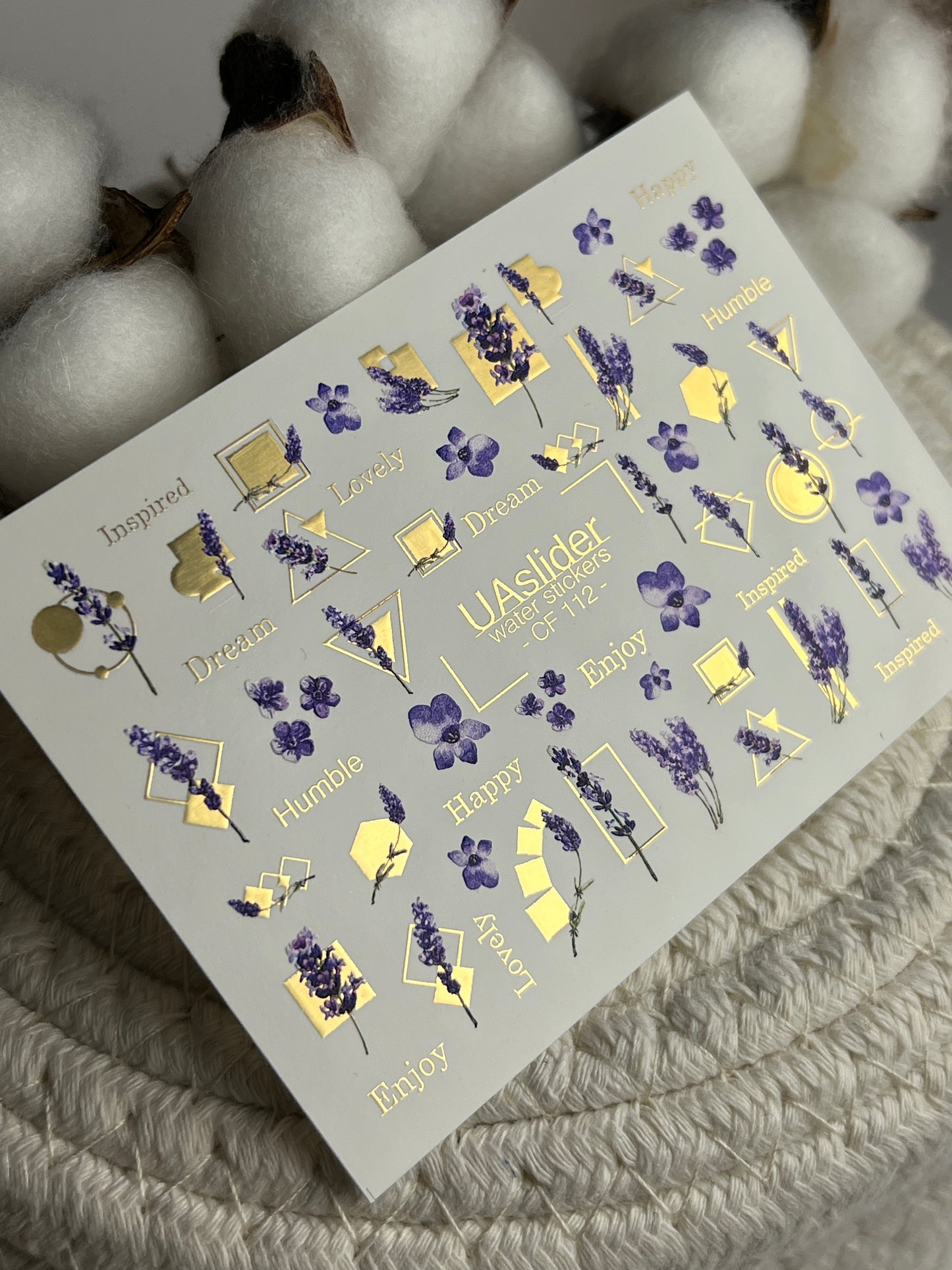 Nail Water Decal CF-112 | Floral Water Slide Nail Decals | Lavender Sprigs, Purple Flowers & Gold Geometry