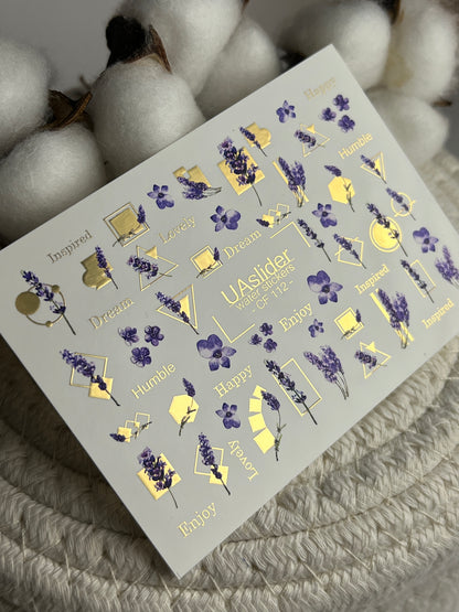 Nail Water Decal CF-112 | Floral Water Slide Nail Decals | Lavender Sprigs, Purple Flowers & Gold Geometry